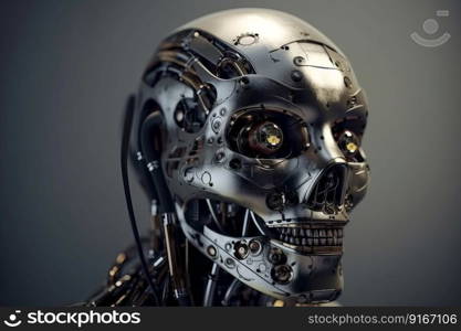 Artificial steel robot head with cyber face. Digital futuristic fiction. Generate Ai. Artificial steel robot head with cyber face. Digital futuristic fiction