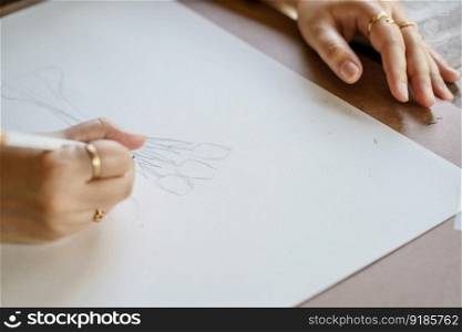 Artist drawing by pencil. woman drawing sketching Art Painting For Beginners hobby art therapy.