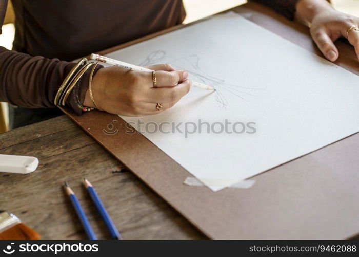 Artist drawing by pencil. woman drawing sketching Art Painting For Beginners hobby art therapy.