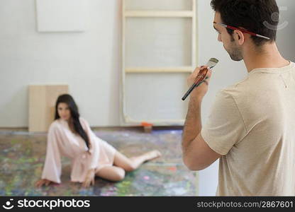 Artist Observing Artist&acute;s Model in Studio