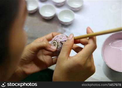 artist painting benjarong ceramic ware , A traditional Thai five-colored famous porcelain