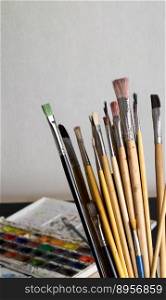 Artist&rsquo;s set of different brushes for painting with paints.