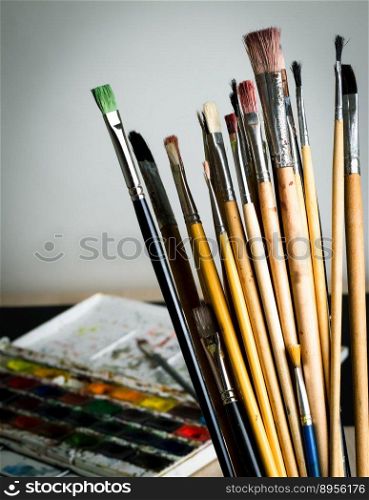 Artist’s set of different brushes for painting with paints.