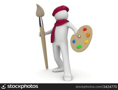 Artist with brush and palette (3d isolated on white background characters series)