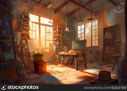 Artist workshop interior sunset. Studio craft. Generate Ai. Artist workshop interior sunset. Generate Ai