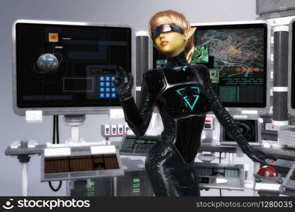 Artistic 3D illustration of a science-fiction female