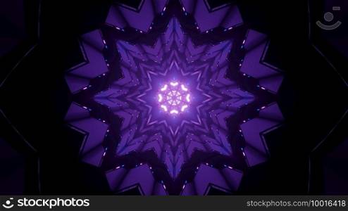 Artistic 3D illustration of snowflake shaped ornamental purple pattern with glowing lights as abstract background. Symmetrical snowflake shaped pattern with glowing l&s in 3D illustration