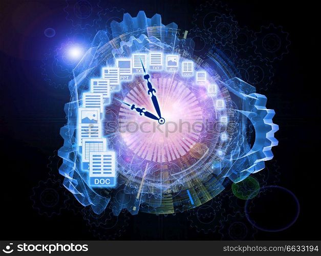 Artistic background for use with projects on document processing, office paperwork, virtual workspace and cloud networking, made of document icons, lights and abstract design elements