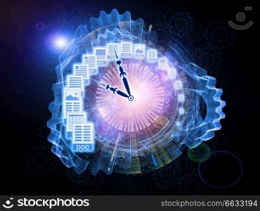 Artistic background for use with projects on document processing, office paperwork, virtual workspace and cloud networking, made of document icons, lights and abstract design elements