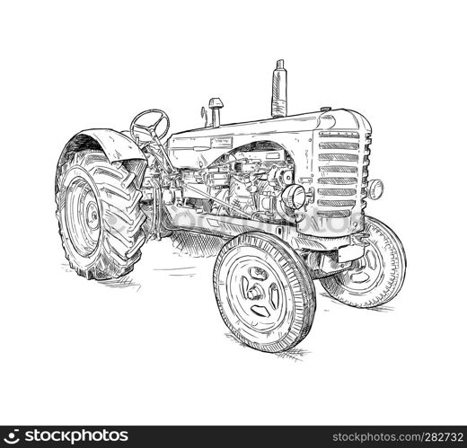 Artistic digital pen and ink drawing of old tractor. Tractor was made in Scotland, United Kingdom in between 1954 - 1958 or 50's.. Cartoon or Comic Style Illustration of Old Tractor