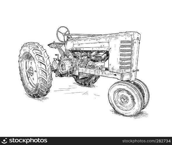 Artistic digital pen and ink drawing of old tractor. Tractor was made in Iowa, USA or US between 1934 and 1952 or 30's, 40's , 50's.. Artistic Digital Drawing Illustration of Old Tractor