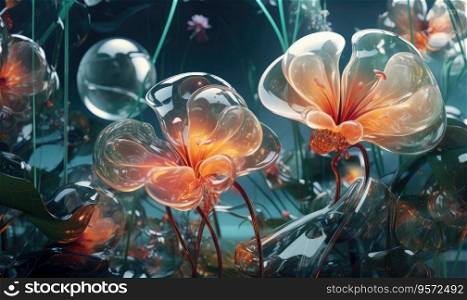 Artistic flower arrangement in a glass vase, bubbles and a glass sphere. Elegant glassmorphism floral display with floating. Created with generative AI tools. Artistic flower arrangement in a glass vase, bubbles and a glass sphere. Created by AI