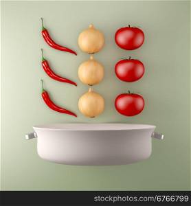 Artistic food composition. White pot with tomato, onion and chilli pepper.