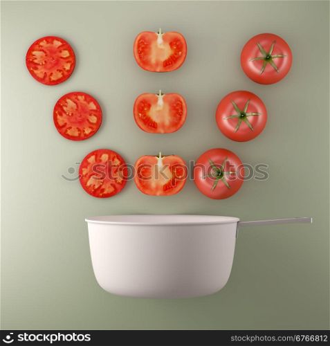 Artistic food composition. White pot with tomatoes.
