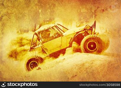 Artistic Image of Modified 4x4 Off-Road Vehicle Kicking up Dust Super imposed on Grunge Background