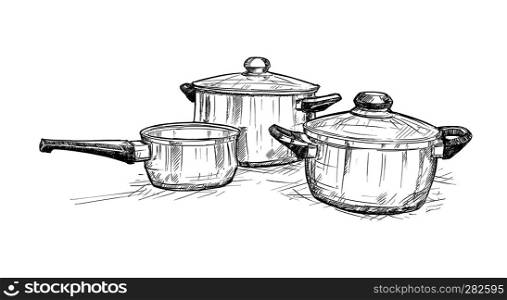 Artistic pen and ink hand drawing illustration of set of cooking pots.. Hand Drawing of Set of Cooking Pots