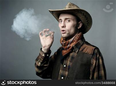 Artistic portrait of the young beautiful man. The young man smokes a cigar