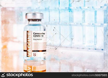Artistic Rendering Sketch of Coronavirus COVID-19 Vaccine Vial and Test Tubes On Reflective Surface.