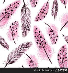 Artistic seamless pattern with colorful different feathers