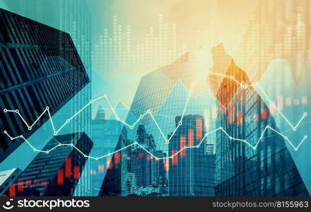 As background for a financial or business concept, digital screen and financial graphs overlap on a picture of modernistic cityscape, skyscrabbers.. Digital screen and graph overlap modernistic cityscape for business concept.