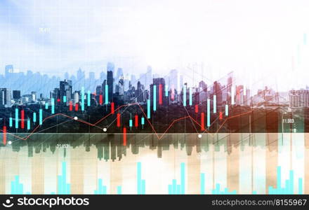 As background for a financial or business concept, digital screen and financial graphs overlap on a picture of modernistic cityscape, skyscrabbers.. Digital screen and graph overlap modernistic cityscape for business concept.