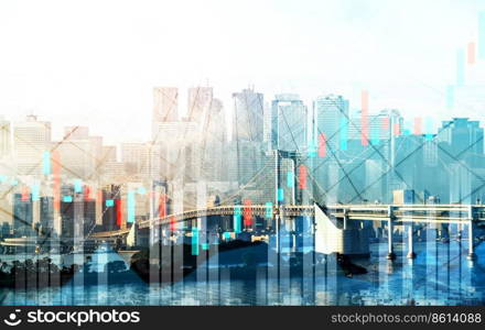 As background for a financial or business concept, digital screen and financial graphs overlap on a picture of modernistic cityscape, skyscrabbers.. Digital screen and graph overlap modernistic cityscape for business concept.