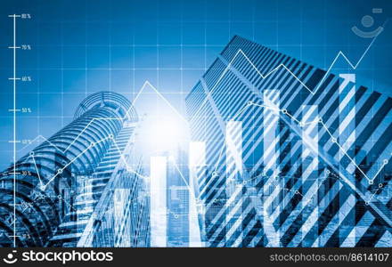 As background for a financial or business concept, digital screen and financial graphs overlap on a picture of modernistic cityscape, skyscrabbers.. Digital screen and graph overlap modernistic cityscape for business concept.