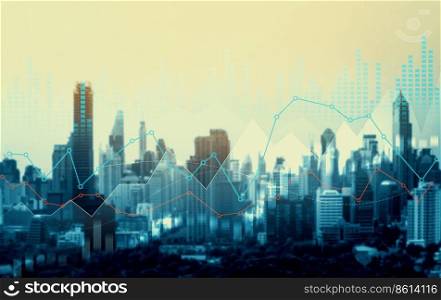 As background for a financial or business concept, digital screen and financial graphs overlap on a picture of modernistic cityscape, skyscrabbers.. Digital screen and graph overlap modernistic cityscape for business concept.