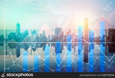 As background for a financial or business concept, digital screen and financial graphs overlap on a picture of modernistic cityscape, skyscrabbers.. Digital screen and graph overlap modernistic cityscape for business concept.