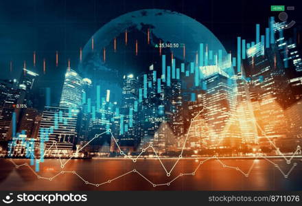 As background for a financial or business concept, digital screen and financial graphs overlap on a picture of modernistic cityscape, skyscrabbers.. Digital screen and graph overlap modernistic cityscape for business concept.