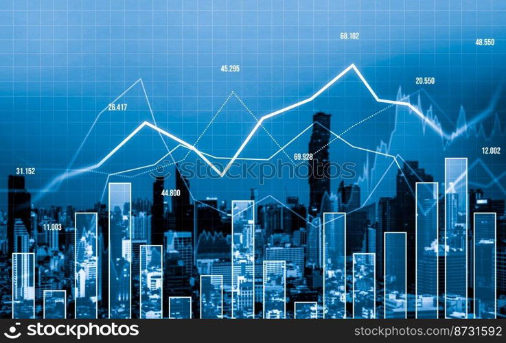 As background for a financial or business concept, digital screen and financial graphs overlap on a picture of modernistic cityscape, skyscrabbers.. Digital screen and graph overlap modernistic cityscape for business concept.