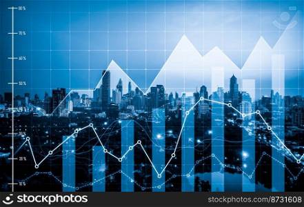 As background for a financial or business concept, digital screen and financial graphs overlap on a picture of modernistic cityscape, skyscrabbers.. Digital screen and graph overlap modernistic cityscape for business concept.