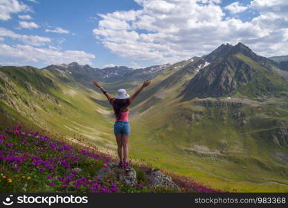as the girl Nature Explorer gazes towards the mountains