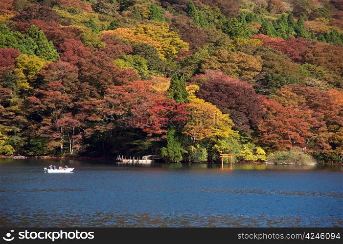 Ashi lake in Hakone, Japan at autumn tourism season