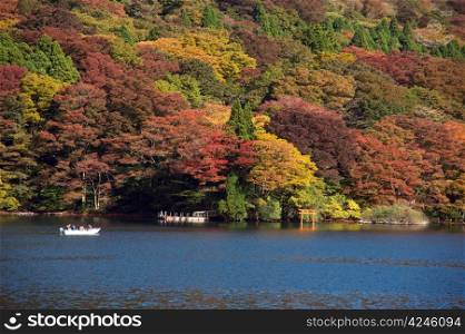 Ashi lake in Hakone, Japan at autumn tourism season