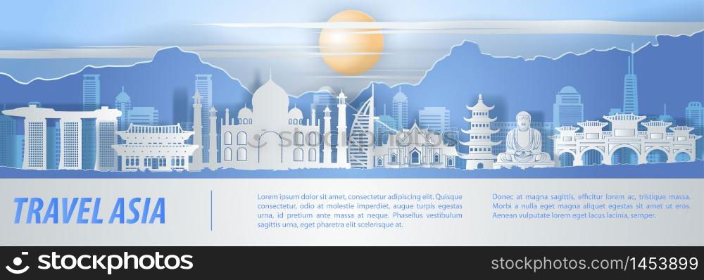 Asia famous landmark paper art with orange blue and white color design,vector illustration