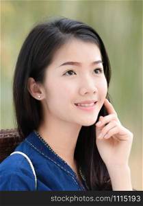 Asia woman with beautiful skin in natural background / Portrait of beautiful asian young girl happy smile in dress tribe life