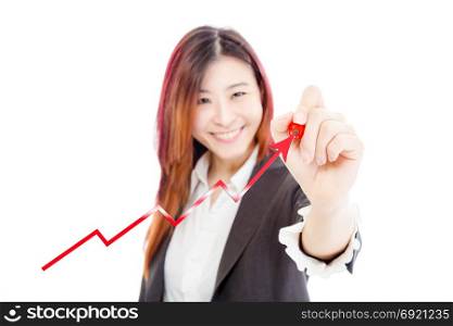 Asian American businesswoman writing on virtual screen, market growth fincance concept