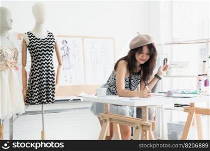 Asian attractive 30s woman fashion designer or dressmaker drawing sketch of new collection clothes on paper and smiling while working with tablet and tailoring equipments on desk at workplace studio