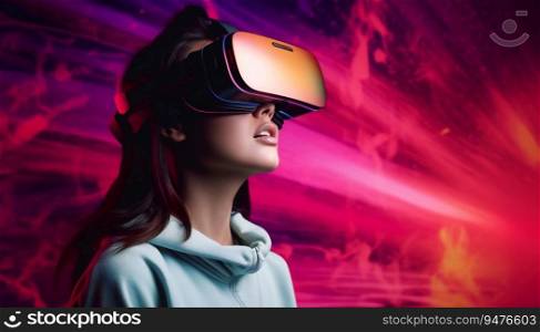 Asian attractive girl wearing a VR headset on neon background.