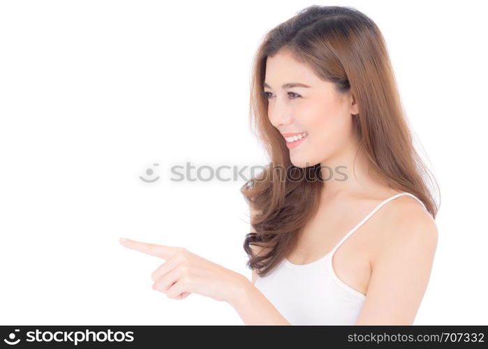 Asian beautiful young woman showing with healthy clean skin presenting something empty copy space on the hand isolated on white background, beauty concept.