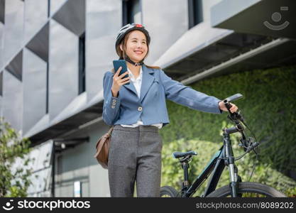 Asian beautiful young woman use smart mobile phone talk with business during go to office work at city street with bicycle, Happy lifestyle business female commuting outside in morning, Eco friendly