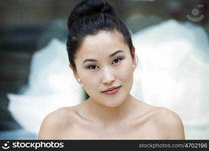 Asian beauty face closeup portrait with clean and fresh elegant lady