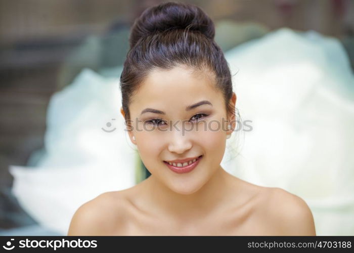 Asian beauty face closeup portrait with clean and fresh elegant lady