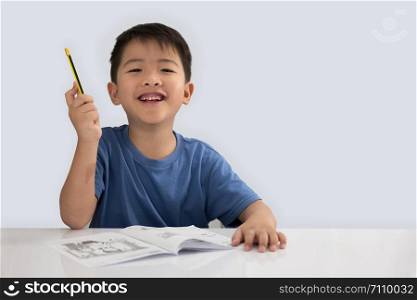 Asian boy raising his hand for idea concept, isolated on white background.
