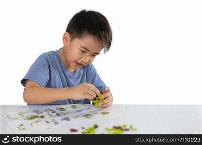Asian boy sitting and playing happily to plastic construction toy blocks isolated on white background.