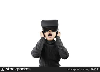 Asian boy wearing VR glasses headset isolated on background.
