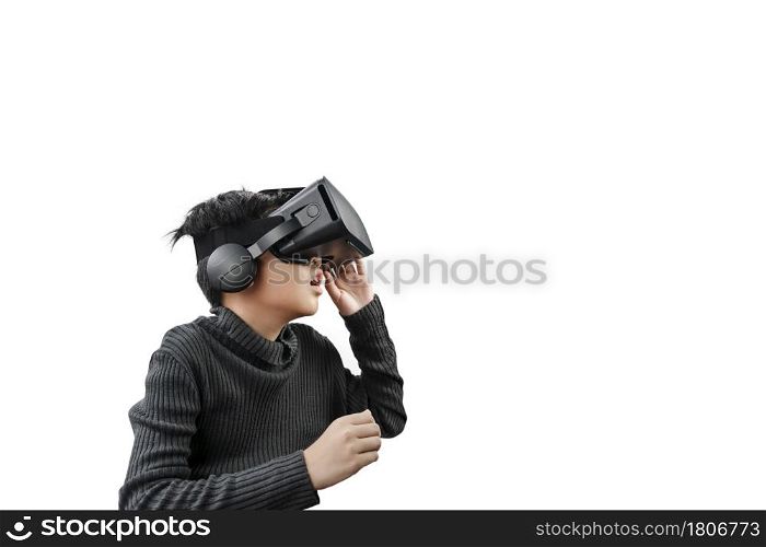 Asian boy wearing VR glasses headset isolated on white background.