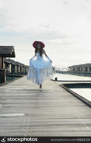 asian bride with a veil on the beach in the sky and blue sea. honeymoon on the fantastic island at summer