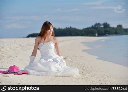asian bride with a veil on the beach in the sky and blue sea. honeymoon on the fantastic island at summer